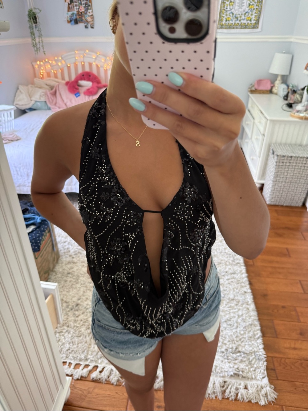 Edikted Black Beaded Halter Drape Camisole - Picture 2 of 3
